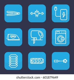 electric icon. Set of 9 outline electric icons such as washing machine, hair straightener, iron, electric saw