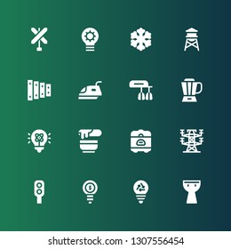 electric icon set. Collection of 16 filled electric icons included Kettledrum, Bulb, Idea, Traffic light, Electric tower, Rice cooker, Wax, Light, Blender, Mixer, Iron, Xylophone