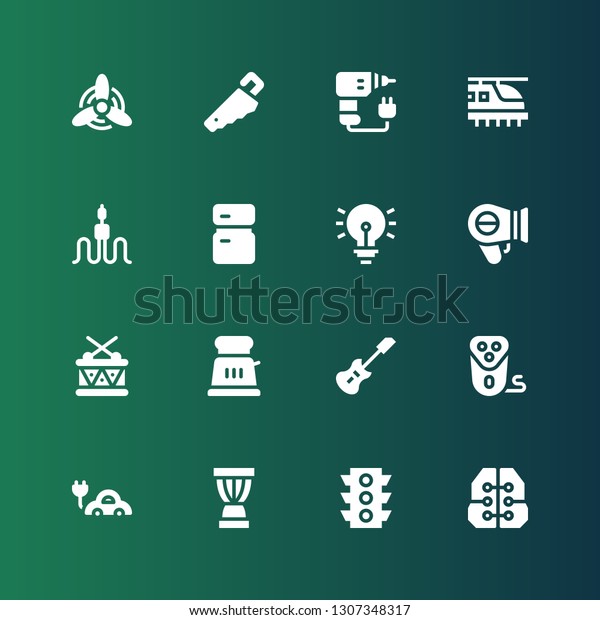 electric icon set. Collection of\
16 filled electric icons included Intelligence, Traffic light,\
Djembe, Electric car, shaver, guitar, Toaster, Drum,\
Hairdryer