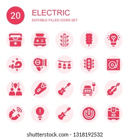 electric icon set. Collection of 20 filled electric icons included Fridge, Toaster, Traffic light, Idea, Blower, Hairdryer, Lights, Turntable, Razor, Electric guitar,
