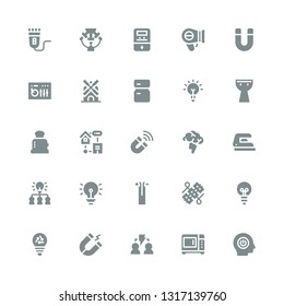 electric icon set. Collection of 25 filled electric icons included Power, Microwave, Brainstorming, Magnet, Bulb, Idea, Wires, Wire, Iron, Smart home, Toaster, Kettledrum, Inspiration