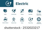 Electric icon. Set of icons on the theme of electric vehicle, electrical engineering, electrocuted, safety, plug. Solid vector icons.