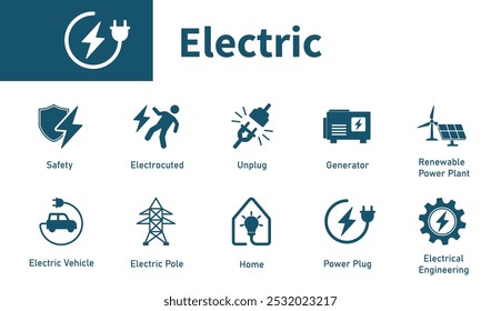 Ícone elétrico. Conjunto de ícones sobre o tema de veículo elétrico, engenharia elétrica, eletrocutado, segurança, plugue. Ícones de vetor sólido.