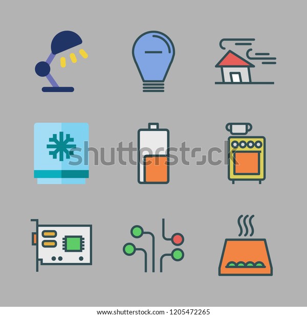 electric icon set. vector set about circuit,\
wind, video card and battery icons\
set.