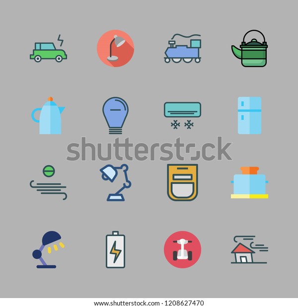 electric icon set. vector set about\
desk lamp, fridge, electric car and toaster icons\
set.