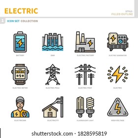 electric icon set,filled outline style,vector and illustration