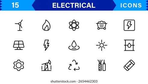 Coleção de ícones elétricos - Ilustrações de linha de vetor de energia, circuito, energia, tomadas e ferramentas projetadas