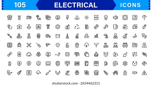 Coleção de ícones elétricos - Ilustrações de linha de vetor de energia, circuito, energia, tomadas e ferramentas projetadas