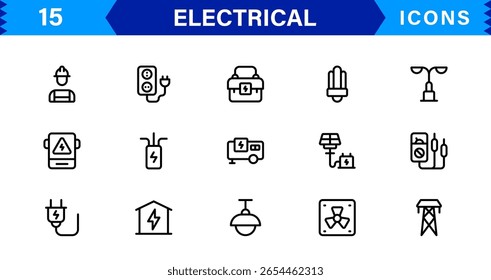 Coleção de ícones elétricos - Ilustrações de linha de vetor de energia, circuito, energia, tomadas e ferramentas projetadas