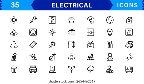 Coleção de ícones elétricos - Ilustrações de linha de vetor de energia, circuito, energia, tomadas e ferramentas projetadas