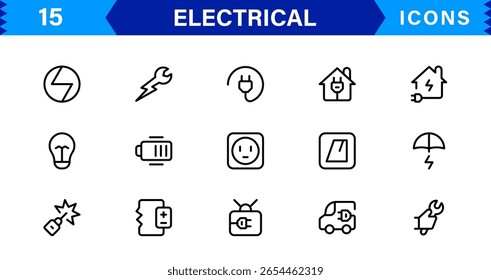 Coleção de ícones elétricos - Ilustrações de linha de vetor de energia, circuito, energia, tomadas e ferramentas projetadas