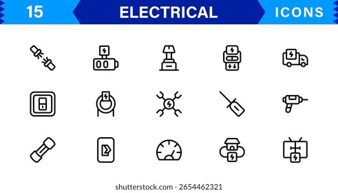 Coleção de ícones elétricos - Ilustrações de linha de vetor de energia, circuito, energia, tomadas e ferramentas projetadas