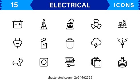Coleção de ícones elétricos - Ilustrações de linha de vetor de energia, circuito, energia, tomadas e ferramentas projetadas