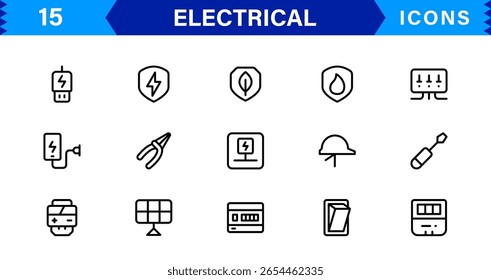 Coleção de ícones elétricos - Ilustrações de linha de vetor de energia, circuito, energia, tomadas e ferramentas projetadas