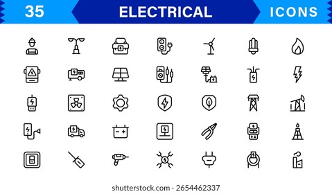Coleção de ícones elétricos - Ilustrações de linha de vetor de energia, circuito, energia, tomadas e ferramentas projetadas