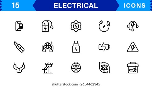 Coleção de ícones elétricos - Ilustrações de linha de vetor de energia, circuito, energia, tomadas e ferramentas projetadas