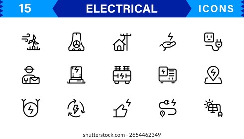 Coleção de ícones elétricos - Ilustrações de linha de vetor de energia, circuito, energia, tomadas e ferramentas projetadas