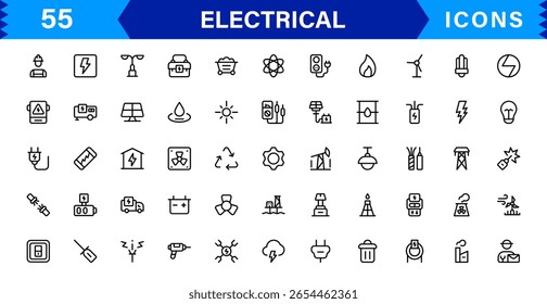 Coleção de ícones elétricos - Ilustrações de linha de vetor de energia, circuito, energia, tomadas e ferramentas projetadas