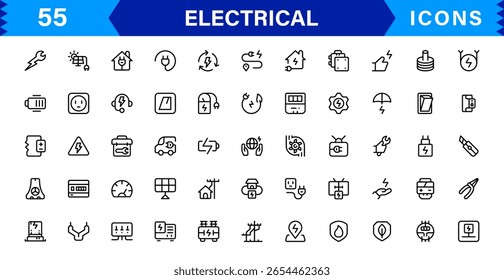 Coleção de ícones elétricos - Ilustrações de linha de vetor de energia, circuito, energia, tomadas e ferramentas projetadas