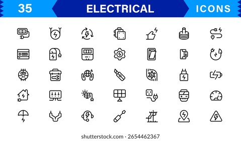Coleção de ícones elétricos - Ilustrações de linha de vetor de energia, circuito, energia, tomadas e ferramentas projetadas