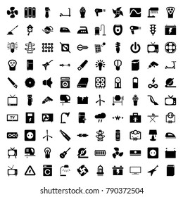 Electric icons. set of 100 editable filled electric icons such as mill, washing machine, kick scooter, plug socket, hair dryer, electric razor, iron, vacuum cleaner