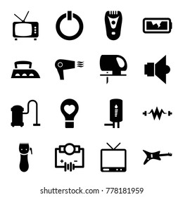 Electric icons. set of 16 editable filled electric icons such as electric razor, vacuum cleaner, electric saw, guitar, bulb heart, tv, broken battery, geyser, lamp, switch off