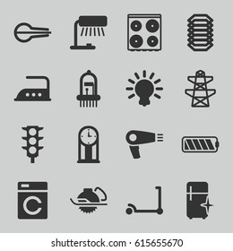 Electric icons set. set of 16 electric filled icons such as washing machine, kick scooter, hair dryer, cooker, clean fridge, iron, pylon, traffic light, musical instrument