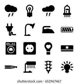 Electric icons set. set of 16 electric filled icons such as hair straightener, iron, bulb, traffic light, bulb heart, musical instrument, table lamp, washing machine