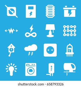 Electric icons set. set of 16 electric filled icons such as plug socket, battery, electric saw, musical instrument, washing machine, geyser, light bulb, thunderstorm, pendulum