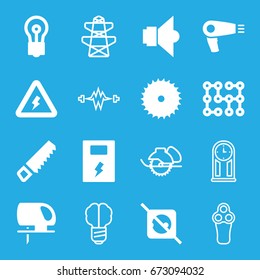 Electric icons set. set of 16 electric filled and outline icons such as hair dryer, bulb, saw, blade saw, electric saw, lamp, voltage warning, battery, no plug, pylon