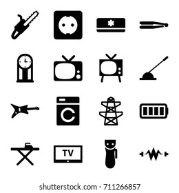 Electric icons set. set of 16 electric filled icons such as washing machine, electric razor, hair straightener, ironing table, pylon, chain saw, arm lever, ful battery