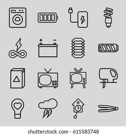 Electric icons set. set of 16 electric outline icons such as hair straightener, washing machine, bulb heart, ful battery, fluorescent lamp, battery, thunderstorm, pendulum