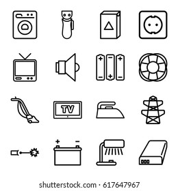 Electric icons set. set of 16 electric outline icons such as iron, washing machine, vacuum cleaner, pylon, fan, TV, battery, plug socket, lamp