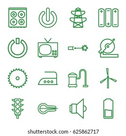 Electric icons set. set of 16 electric outline icons such as mill, cooker, vacuum cleaner, iron, blade saw, circular saw, pylon, traffic light, musical instrument, lamp