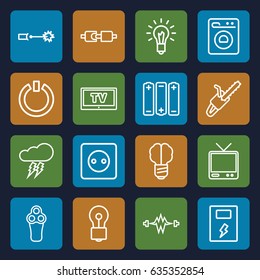 Electric icons set. set of 16 electric outline icons such as plug socket, electric razor, bulb, chain saw, tv, washing machine, light bulb, battery, switch off, thunderstorm