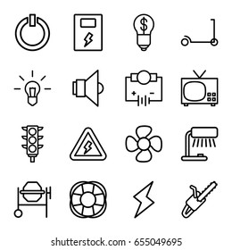 Electric icons set. set of 16 electric outline icons such as kick scooter, concrete mixer, chain saw, fan, traffic light, lamp, switch off, voltage warning, battery, flash