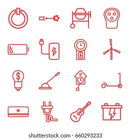 Electric icons set. set of 16 electric outline icons such as mill, kick scooter, battery, concrete mixer, arm lever, guitar, low battery, plug, air conditioner, switch off