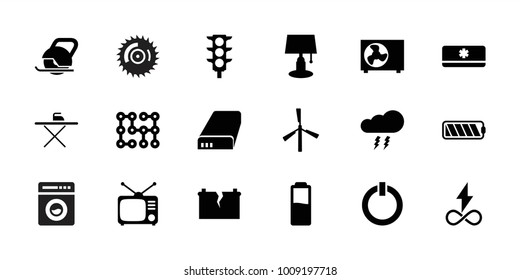 Electric icons. set of 18 editable filled electric icons: mill, table lamp, traffic light, tv, battery, air conditioner, switch off, broken battery, thunderstorm