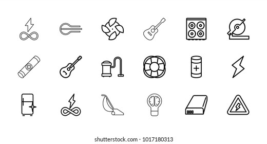Electric icons. set of 18 editable outline electric icons: cooker, vacuum cleaner, clean fridge, circular saw, fan, endless battery, battery, guitar, voltage warning, flash