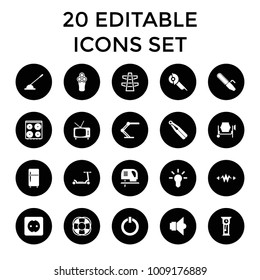 Electric icons. set of 20 editable filled electric icons such as cooker, fan, bulb, arm lever, table lamp, plug socket, lamp. best quality electric elements in trendy style.