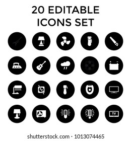 Electric icons. set of 20 editable filled electric icons such as table lamp, bulb, fan, air conditioner, battery, thunderstorm. best quality electric elements in trendy style.