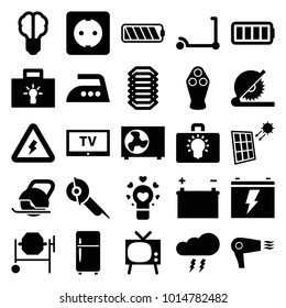 Electric icons. set of 25 editable filled electric icons such as kick scooter, concrete mixer, tv, brain bulb, bulb, ful battery, plug socket, air conditioner, voltage warning