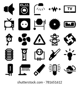 Electric icons. set of 25 editable filled electric icons such as saw, blade saw, concrete mixer, pylon, table lamp, fan, tv, bulb, electricity, broken battery, washing machine