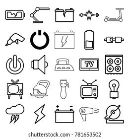 Electric icons. set of 25 editable outline electric icons such as switch off, cooker, bulb, drill, circular saw, tv, electricity, tv, plug in power socket, table lamp