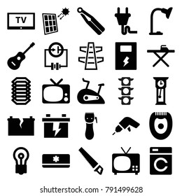 Electric icons. set of 25 editable filled electric icons such as washing machine, ironing table, bulb, battery, drill, tv, guitar, table lamp, plug, air conditioner