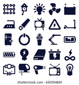 Electric icons set. set of 25 electric filled icons such as kick scooter, hair dryer, electric razor, clean fridge, iron, bulb, saw, battery, tv, table lamp, broken battery