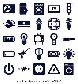 Electric icons set. set of 25 electric filled icons such as washing machine, electric razor, hair straightener, clean fridge, bulb, fan, traffic light, guitar, low battery
