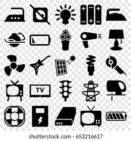 Electric icons set. set of 25 electric filled icons such as hair dryer, iron, pylon, fan, traffic light, guitar, battery, low battery, fluorescent lamp, solar panel, bulb, tv
