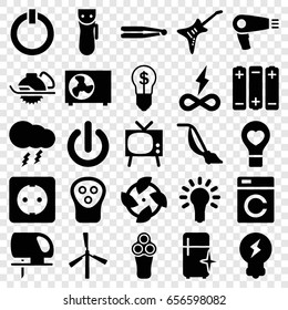 Electric icons set. set of 25 electric filled icons such as mill, washing machine, hair dryer, hair straightener, vacuum cleaner, clean fridge, bulb heart, guitar, plug socket