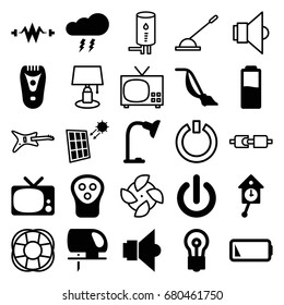 Electric icons set. set of 25 electric filled and outline icons such as electric razor, vacuum cleaner, bulb, table lamp, low battery, lamp, solar panel, thunderstorm